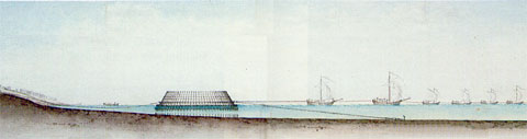 Coupe de la digue du Homet de Cherbourg avec ses caissons en bois