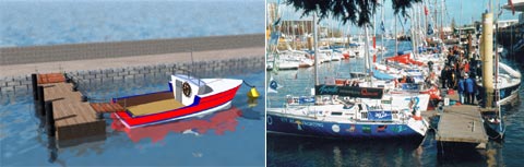 Schéma d'amarrage à un ponton flottant dans un port avec marée et panne flottante au port de Lorient