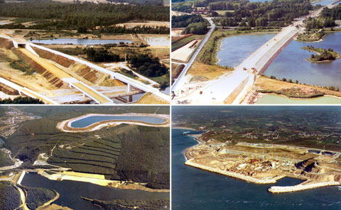 En haut : TGV Ouest et TGV Nord. En bas : Barrage de Revin (Ardennes) (vue du barrage et du bassin supérieur) et chantier de la centrale de Flamanville (Manche)